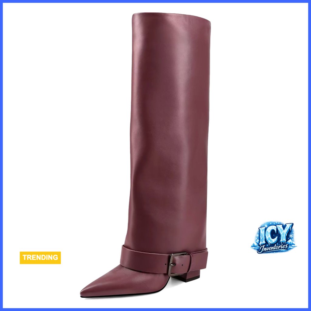Fold Over Chunky High Heel Wide Calf Pointed Toe Boots Belt Buckle